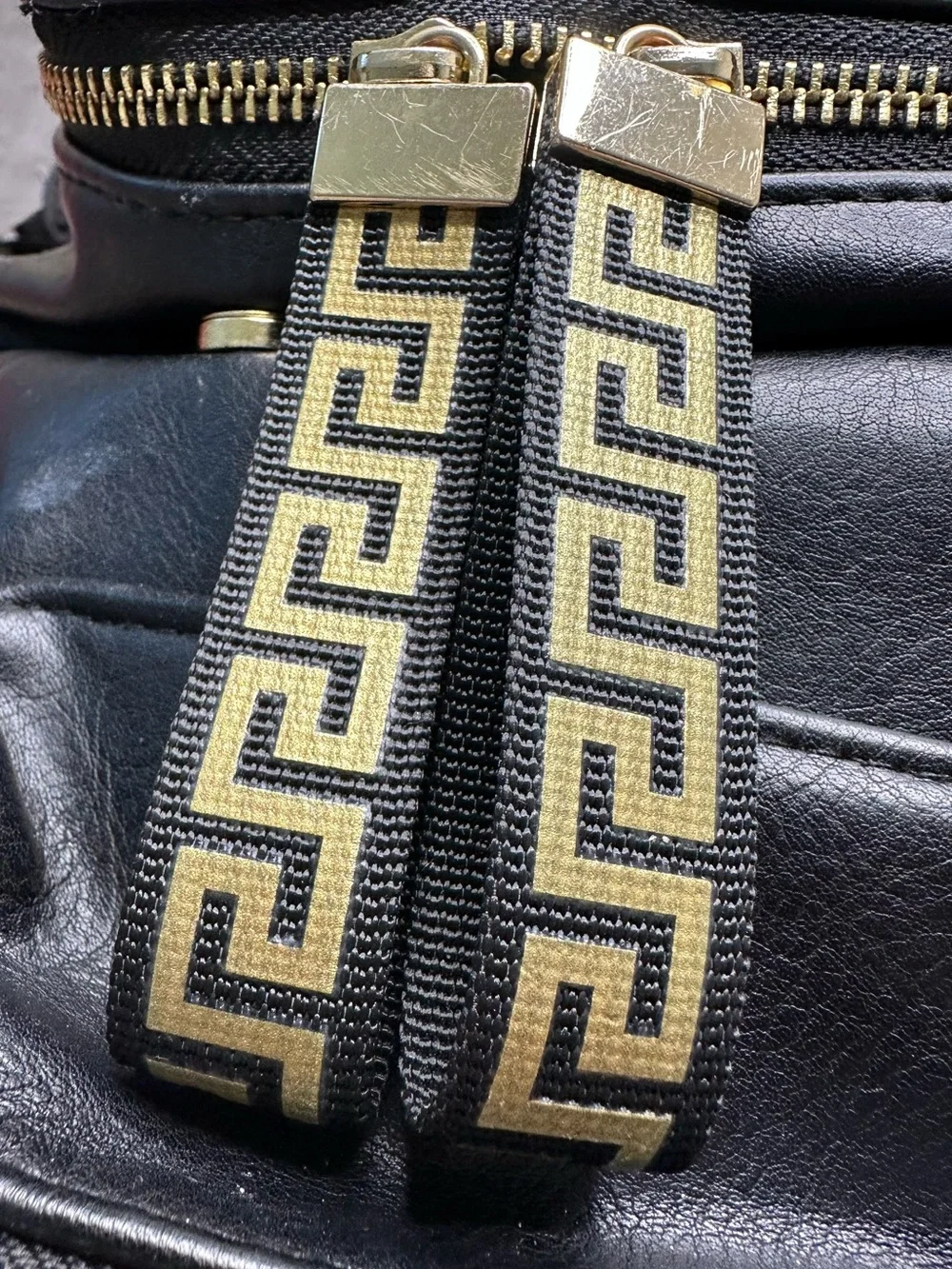 Versace Parfums Black Faux Leather Backpack Gold Medusa Greek Key